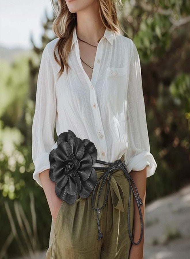 CALFOVERA 0.3 Inch PU Leather Skinny Waist Belt Black Boho Flower Leather Rope Tassel Waistband Thin Elegantes Big Flower Decor Belts Slim Waist Strap Band for Women Dress Shirts Wedding - Image 4